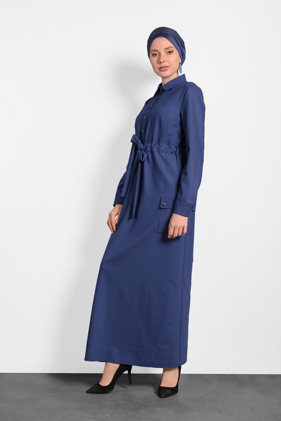 Tesettür giyim LACİVERT KUŞAKLI DÜĞMELİ ELBİSE 40194