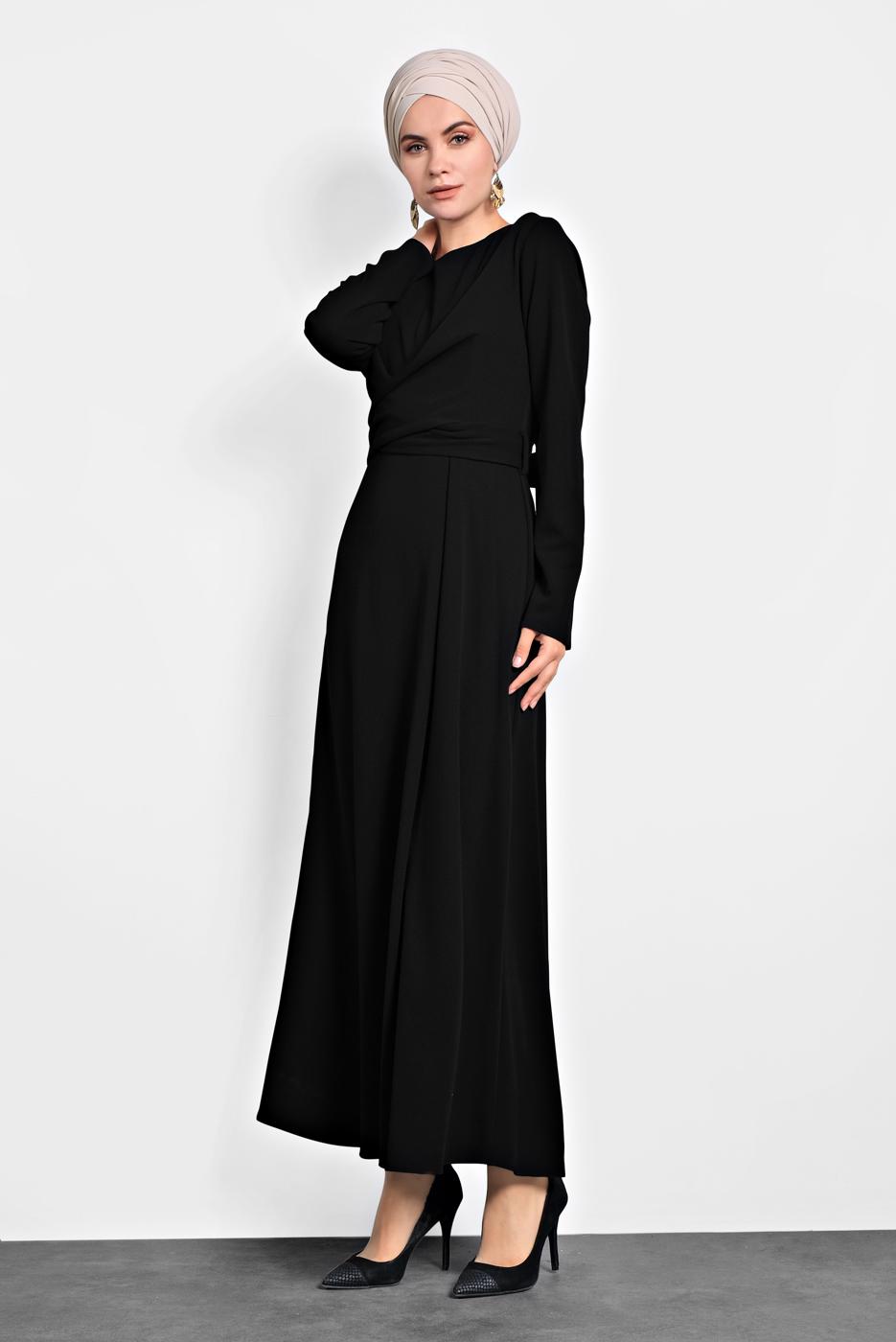 Tesettür giyim SİYAH ALVİNA ÇAPRAZ ELBİSE 40199