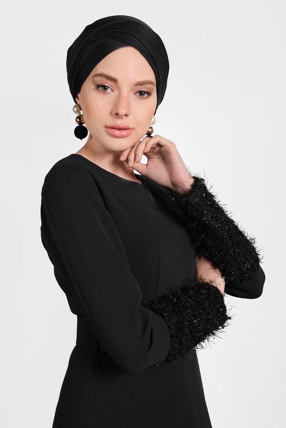 Tesettür giyim SİYAH ALVİNA KEMERLİ PUL PAYETLİ ELBİSE 40230	