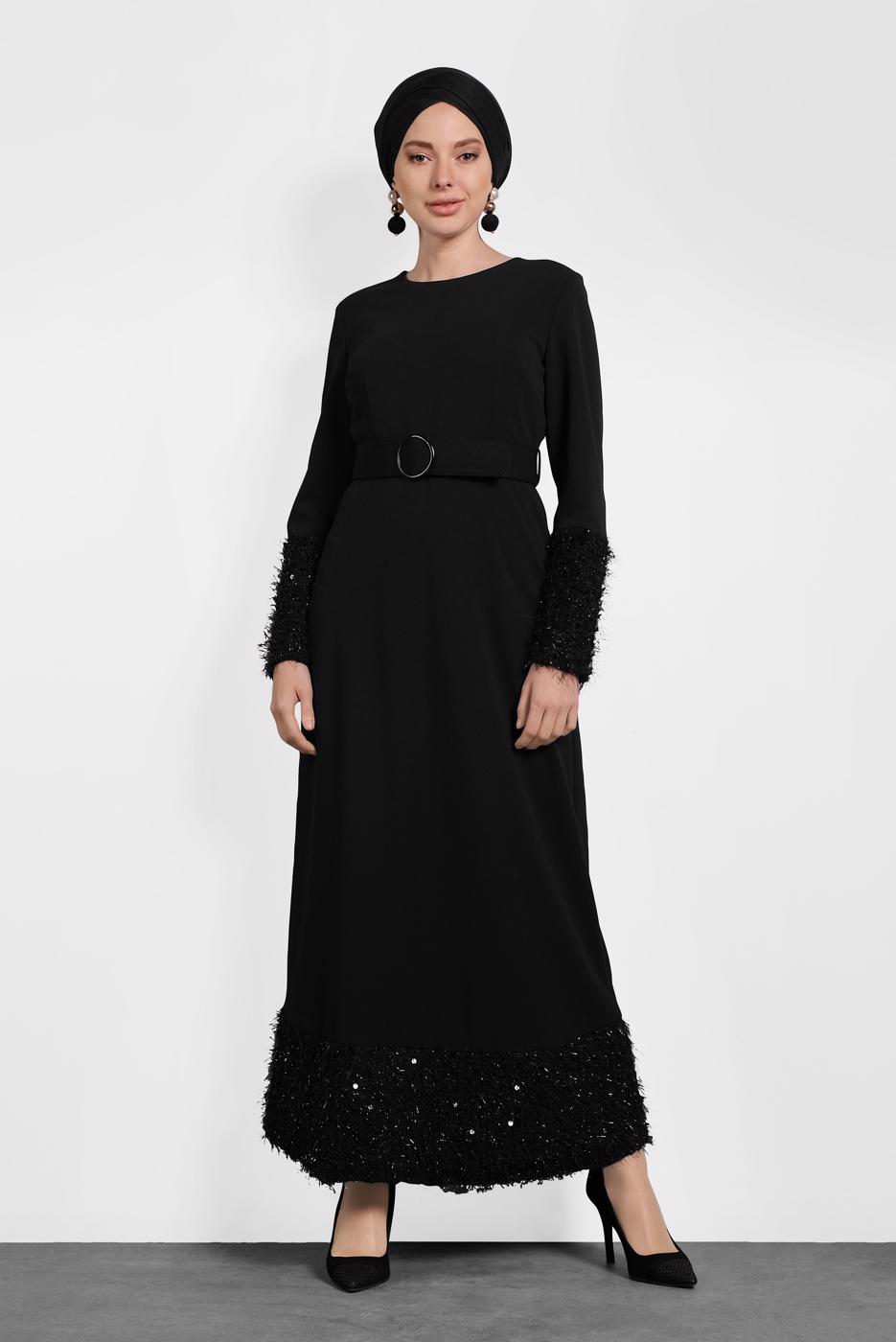 Tesettür giyim SİYAH ALVİNA KEMERLİ PUL PAYETLİ ELBİSE 40230	