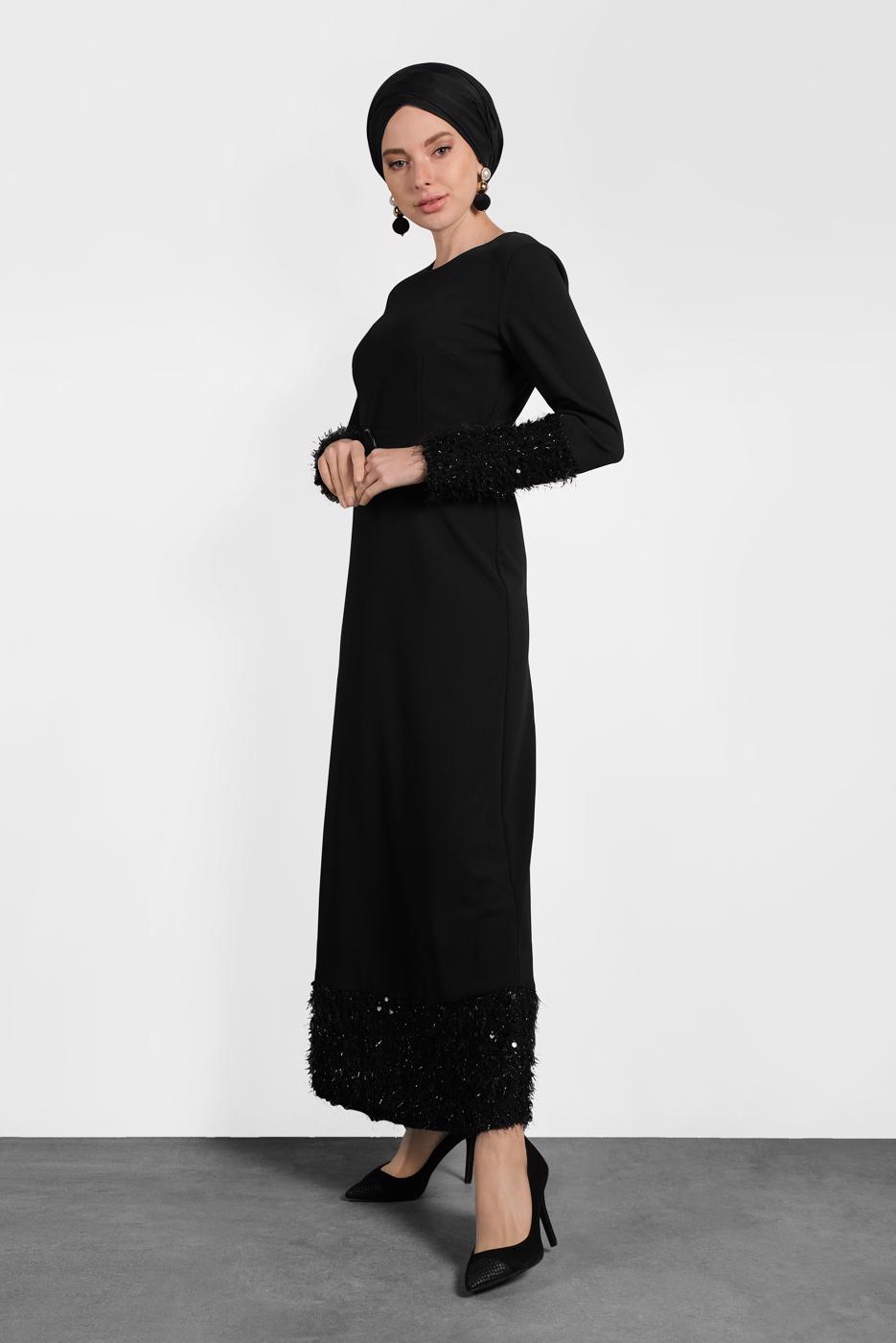 Tesettür giyim SİYAH ALVİNA KEMERLİ PUL PAYETLİ ELBİSE 40230	