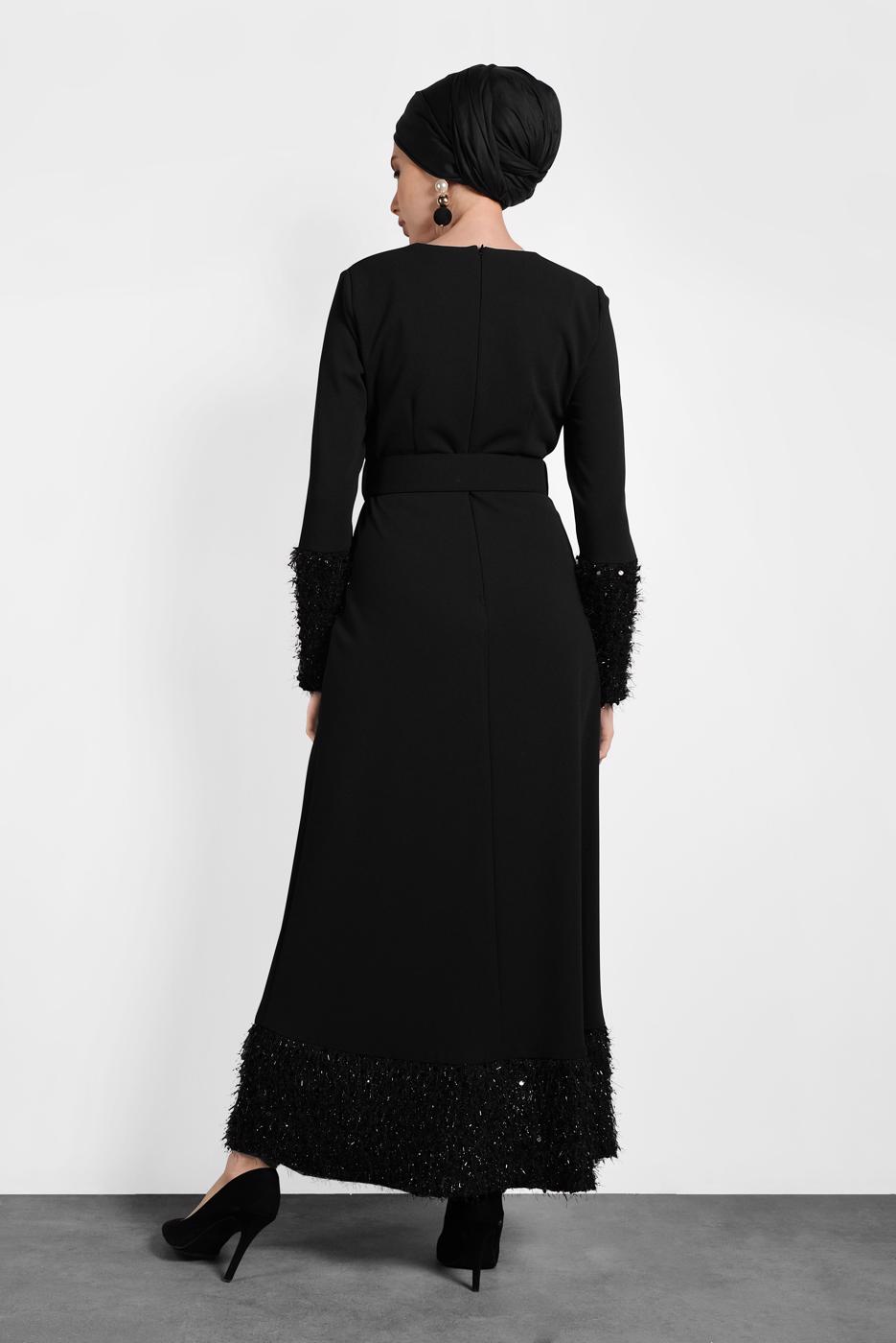 Tesettür giyim SİYAH ALVİNA KEMERLİ PUL PAYETLİ ELBİSE 40230	