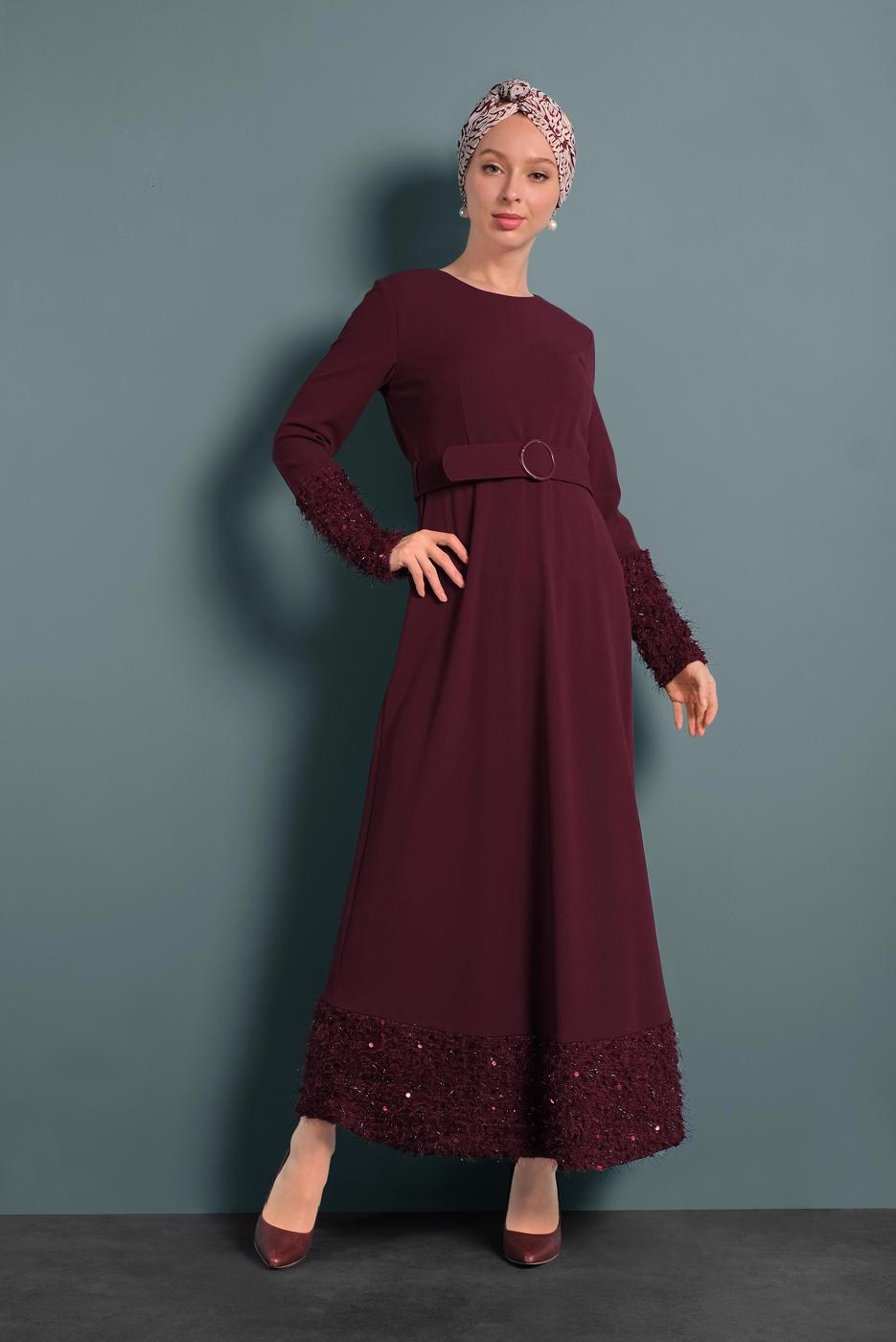 Tesettür giyim BORDO ALVİNA KEMERLİ PUL PAYETLİ ELBİSE 40230	