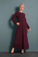 Tesettür giyim BORDO ALVİNA KEMERLİ PUL PAYETLİ ELBİSE 40230	