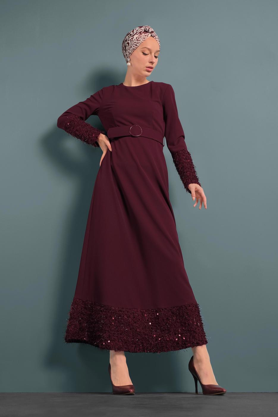 Tesettür giyim BORDO ALVİNA KEMERLİ PUL PAYETLİ ELBİSE 40230	