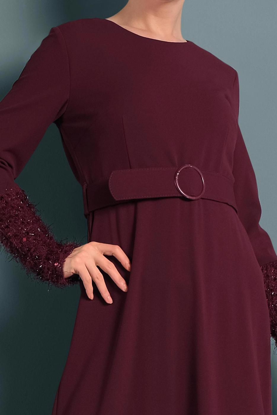 Tesettür giyim BORDO ALVİNA KEMERLİ PUL PAYETLİ ELBİSE 40230	