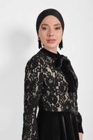 Tesettür giyim SİYAH ALVİNA GÜPÜRLÜ KADİFE ELBİSE 40239 