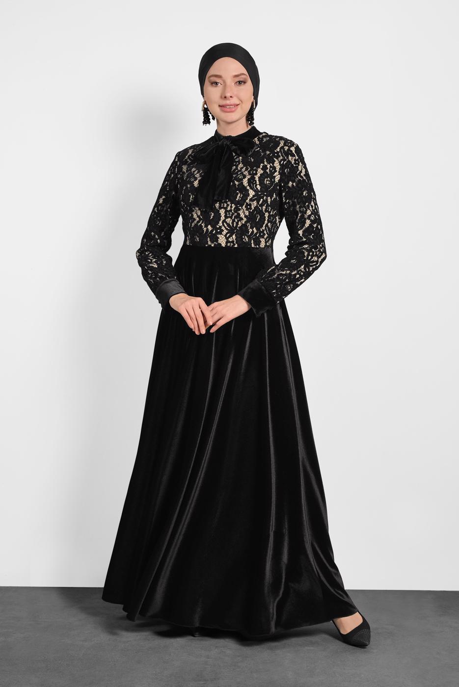 Tesettür giyim SİYAH ALVİNA GÜPÜRLÜ KADİFE ELBİSE 40239 