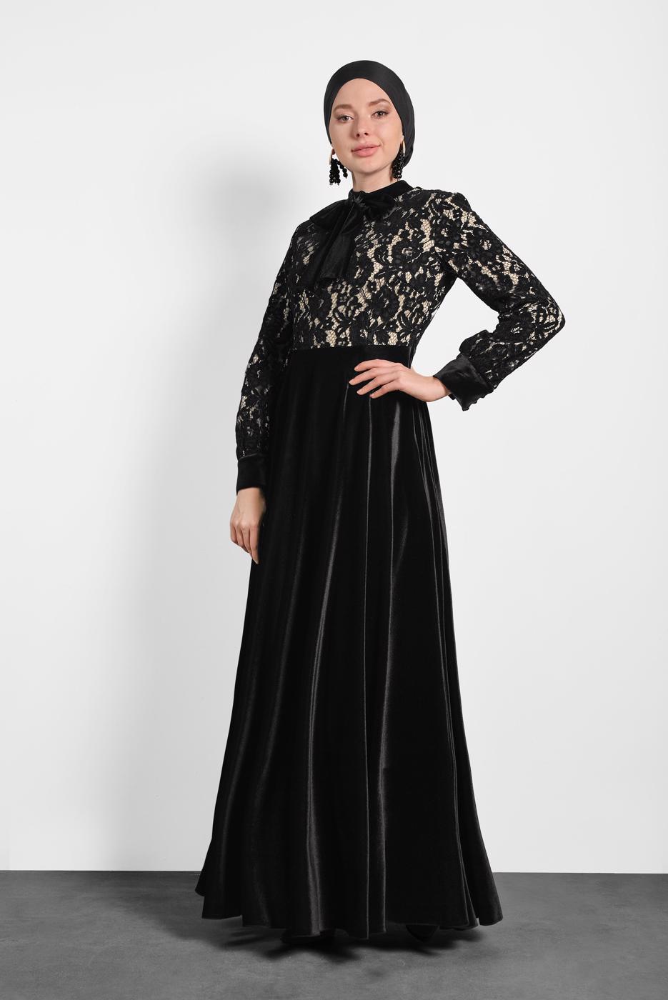 Tesettür giyim SİYAH ALVİNA GÜPÜRLÜ KADİFE ELBİSE 40239 