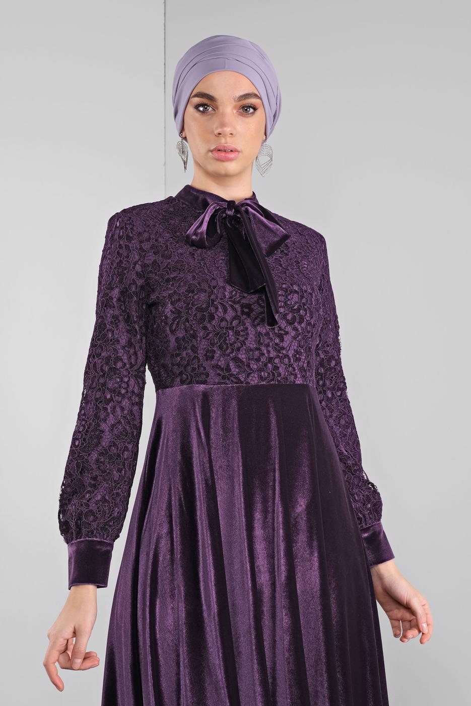 Tesettür giyim MOR ALVİNA GÜPÜRLÜ KADİFE ELBİSE 40239 