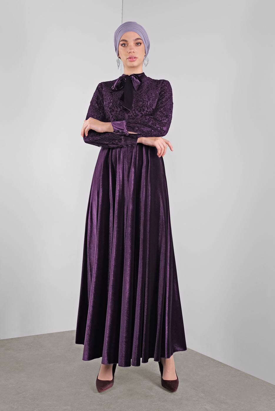 Tesettür giyim MOR ALVİNA GÜPÜRLÜ KADİFE ELBİSE 40239 