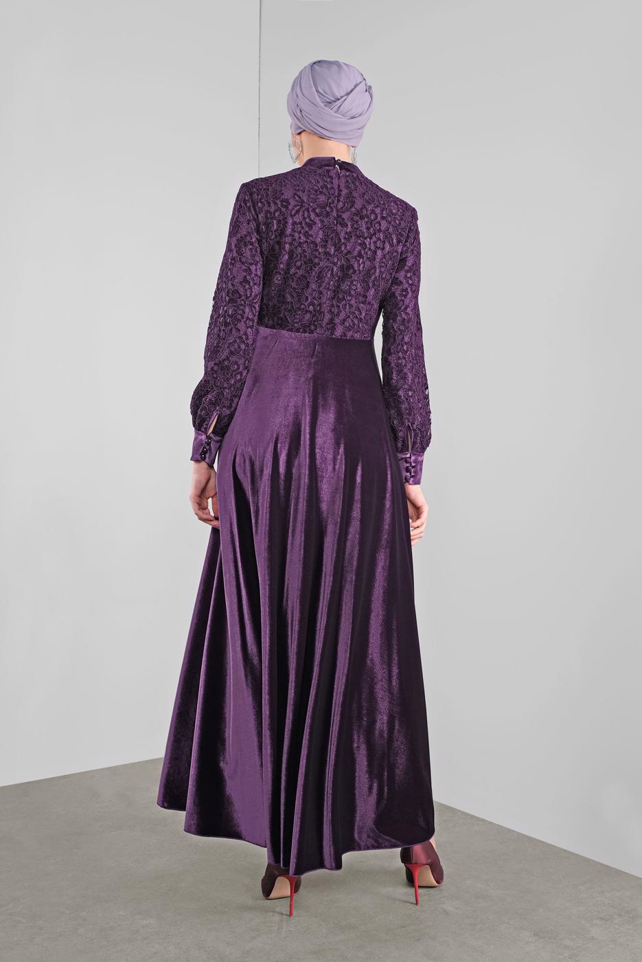Tesettür giyim MOR ALVİNA GÜPÜRLÜ KADİFE ELBİSE 40239 