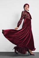 Tesettür giyim BORDO ALVİNA GÜPÜRLÜ KADİFE ELBİSE 40239 