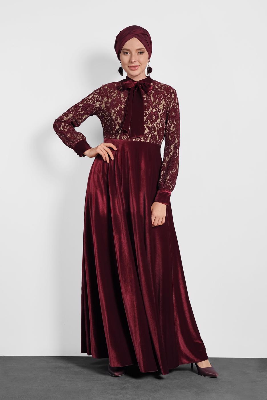 Tesettür giyim BORDO ALVİNA GÜPÜRLÜ KADİFE ELBİSE 40239 