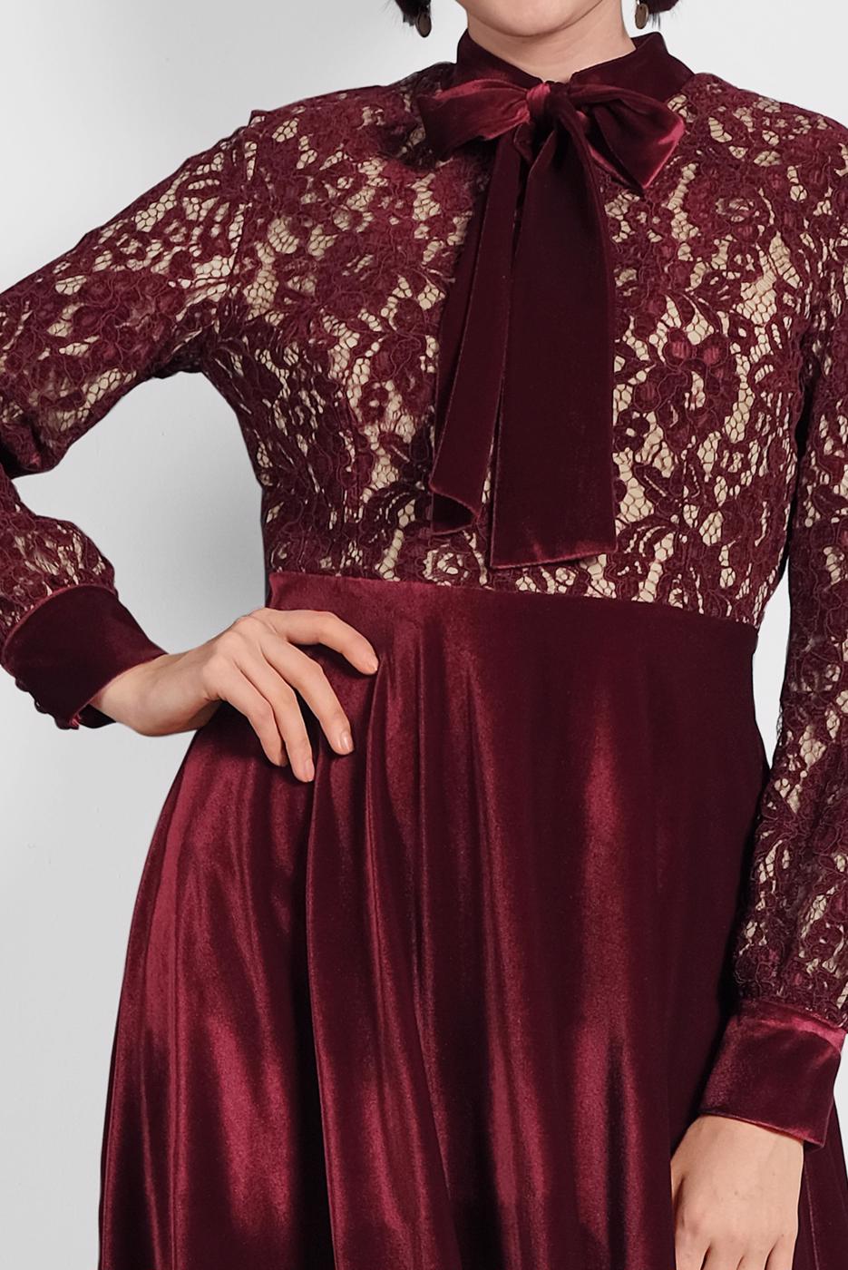 Tesettür giyim BORDO ALVİNA GÜPÜRLÜ KADİFE ELBİSE 40239 