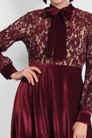 Tesettür giyim BORDO ALVİNA GÜPÜRLÜ KADİFE ELBİSE 40239 