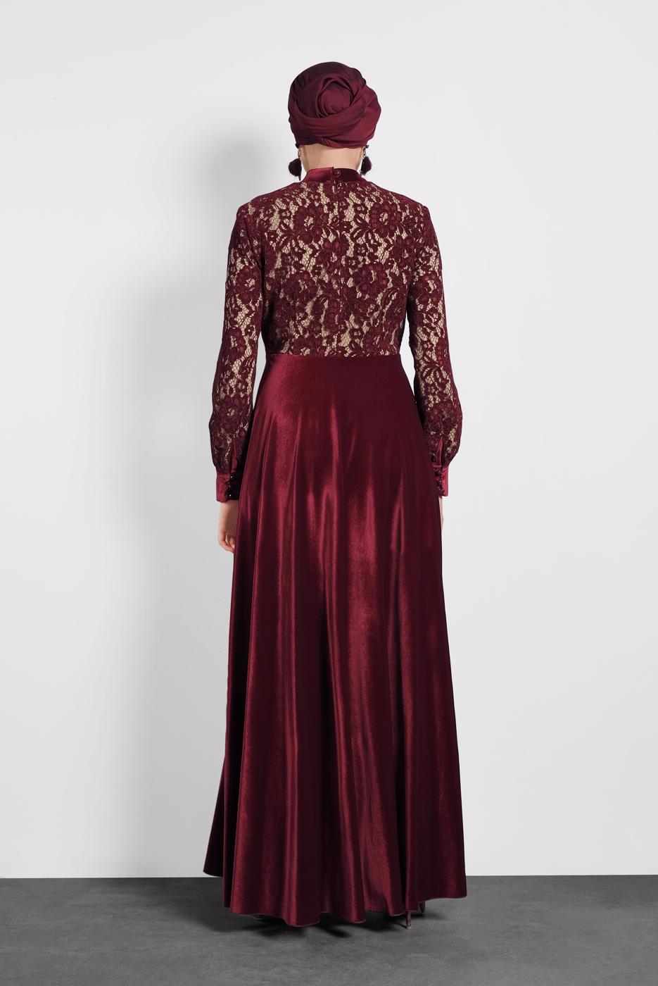 Tesettür giyim BORDO ALVİNA GÜPÜRLÜ KADİFE ELBİSE 40239 