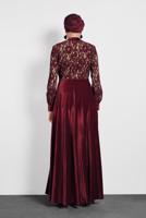 Tesettür giyim BORDO ALVİNA GÜPÜRLÜ KADİFE ELBİSE 40239 