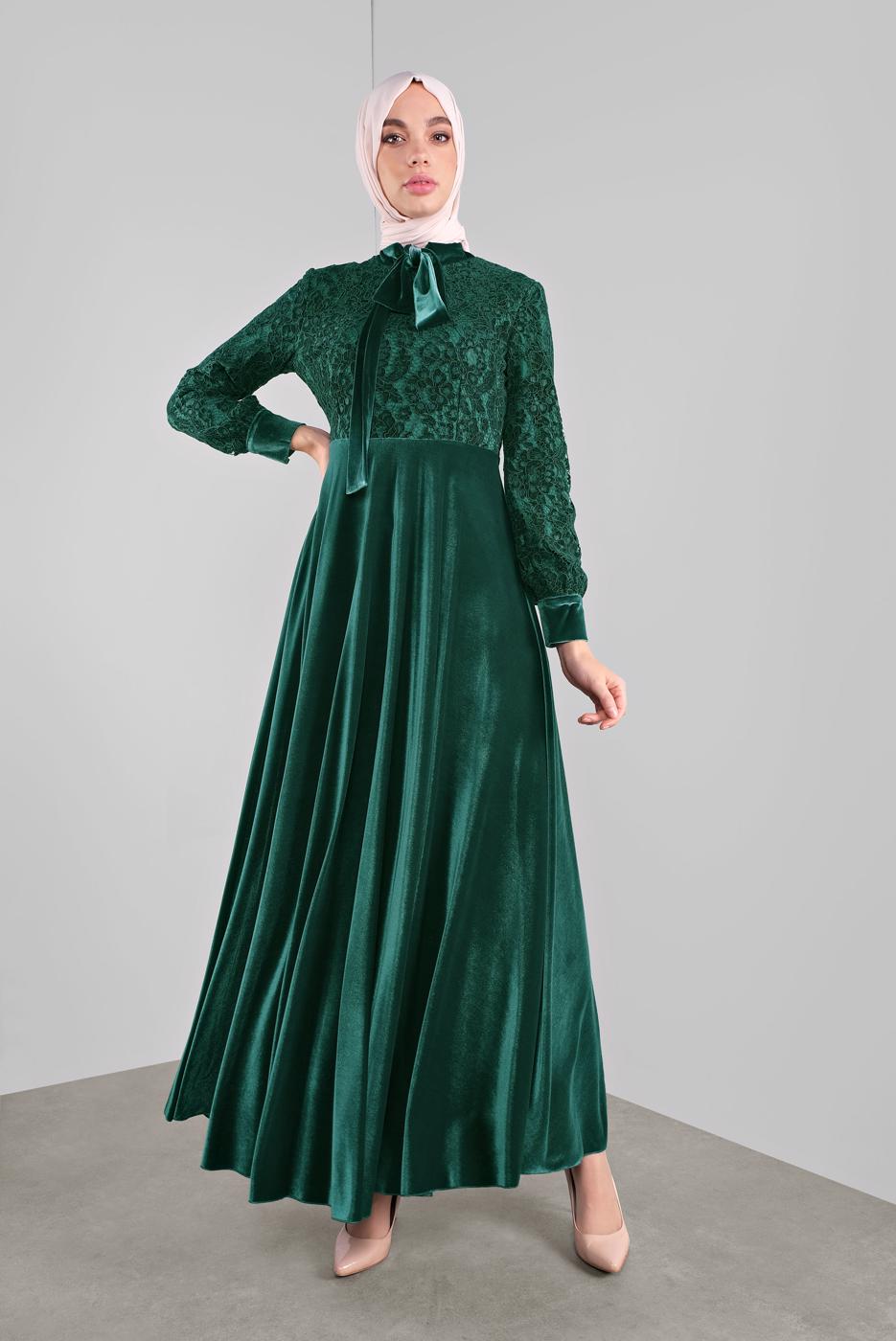 Tesettür giyim YEŞİL ALVİNA GÜPÜRLÜ KADİFE ELBİSE 40239 