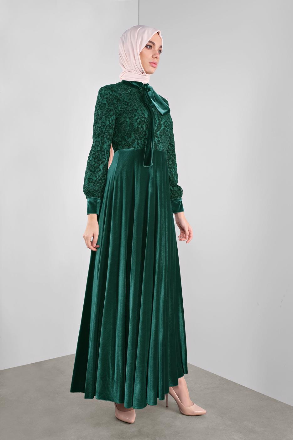 Tesettür giyim YEŞİL ALVİNA GÜPÜRLÜ KADİFE ELBİSE 40239 