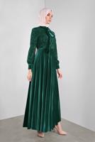 Tesettür giyim YEŞİL ALVİNA GÜPÜRLÜ KADİFE ELBİSE 40239 