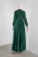 Tesettür giyim YEŞİL ALVİNA GÜPÜRLÜ KADİFE ELBİSE 40239 