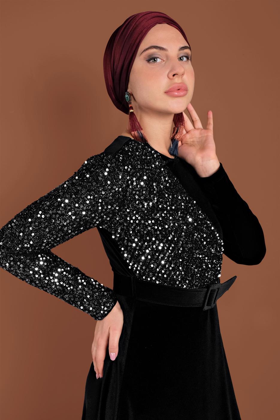 Tesettür giyim SİYAH ALVİNA PULLU KADİFE ELBİSE 40299 