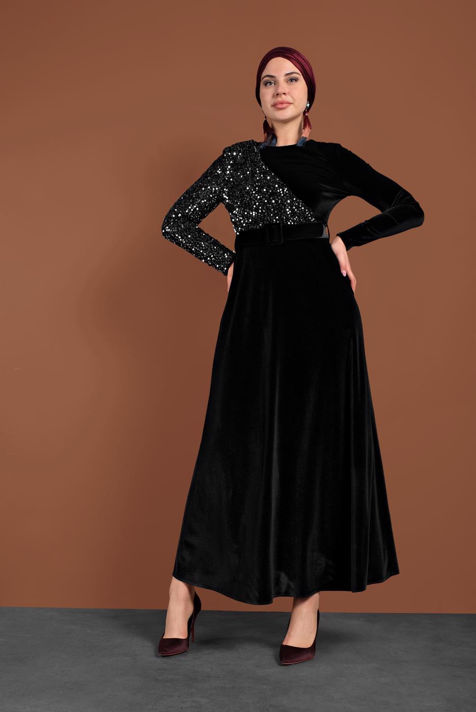 Tesettür giyim SİYAH ALVİNA PULLU KADİFE ELBİSE 40299 