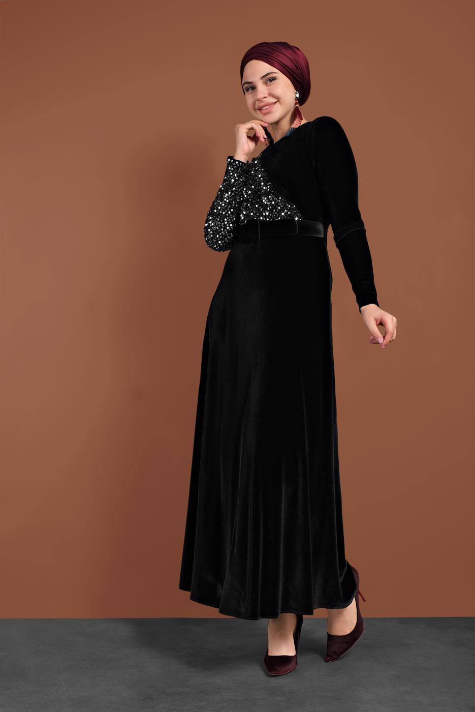 Tesettür giyim SİYAH ALVİNA PULLU KADİFE ELBİSE 40299 
