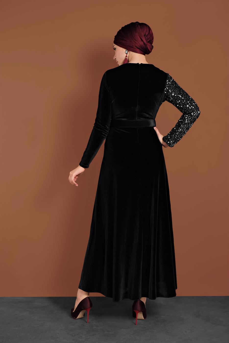 Tesettür giyim SİYAH ALVİNA PULLU KADİFE ELBİSE 40299 