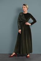 Tesettür giyim HAKİ ALVİNA PULLU KADİFE ELBİSE 40299 