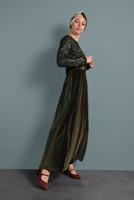 Tesettür giyim HAKİ ALVİNA PULLU KADİFE ELBİSE 40299 
