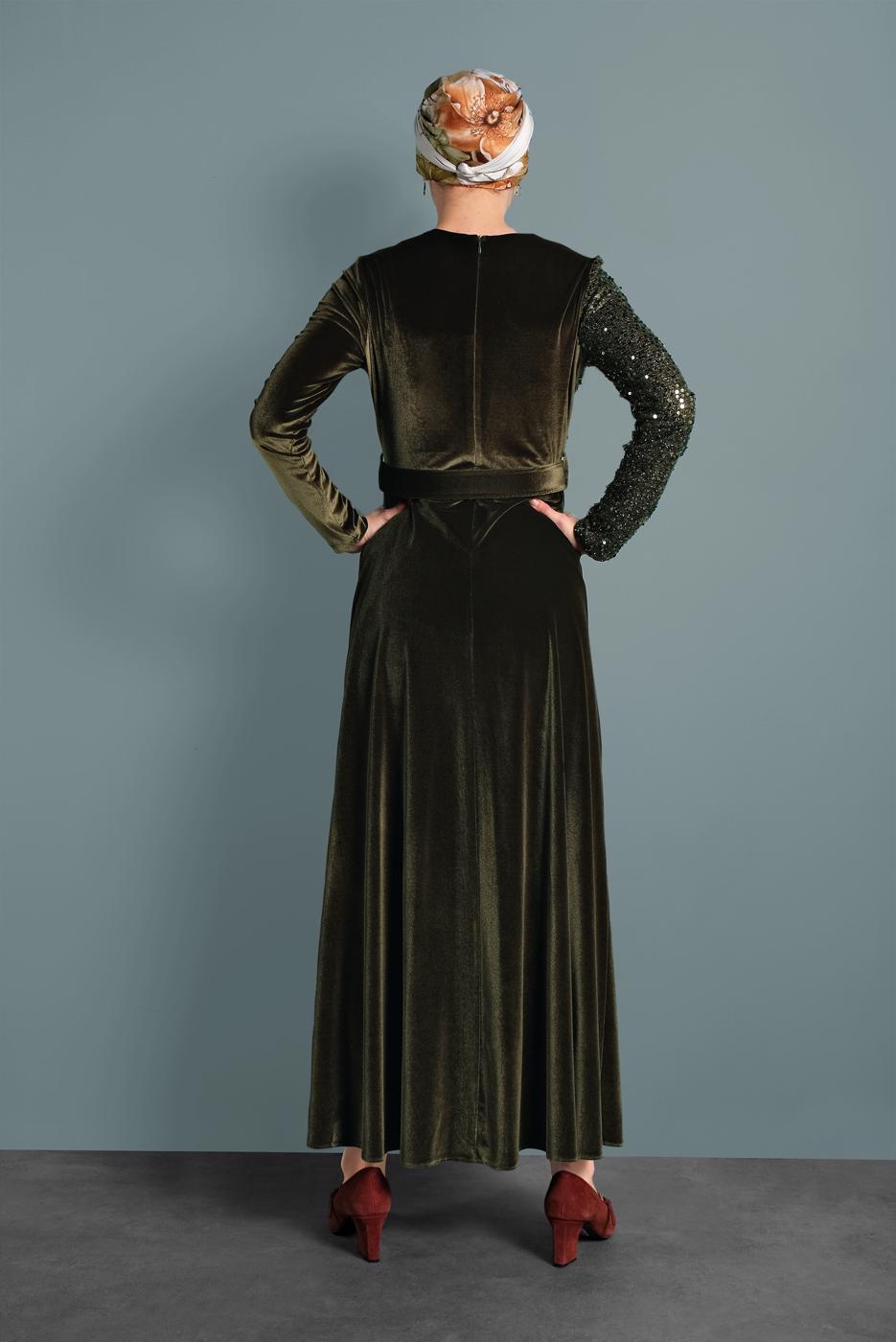 Tesettür giyim HAKİ ALVİNA PULLU KADİFE ELBİSE 40299 