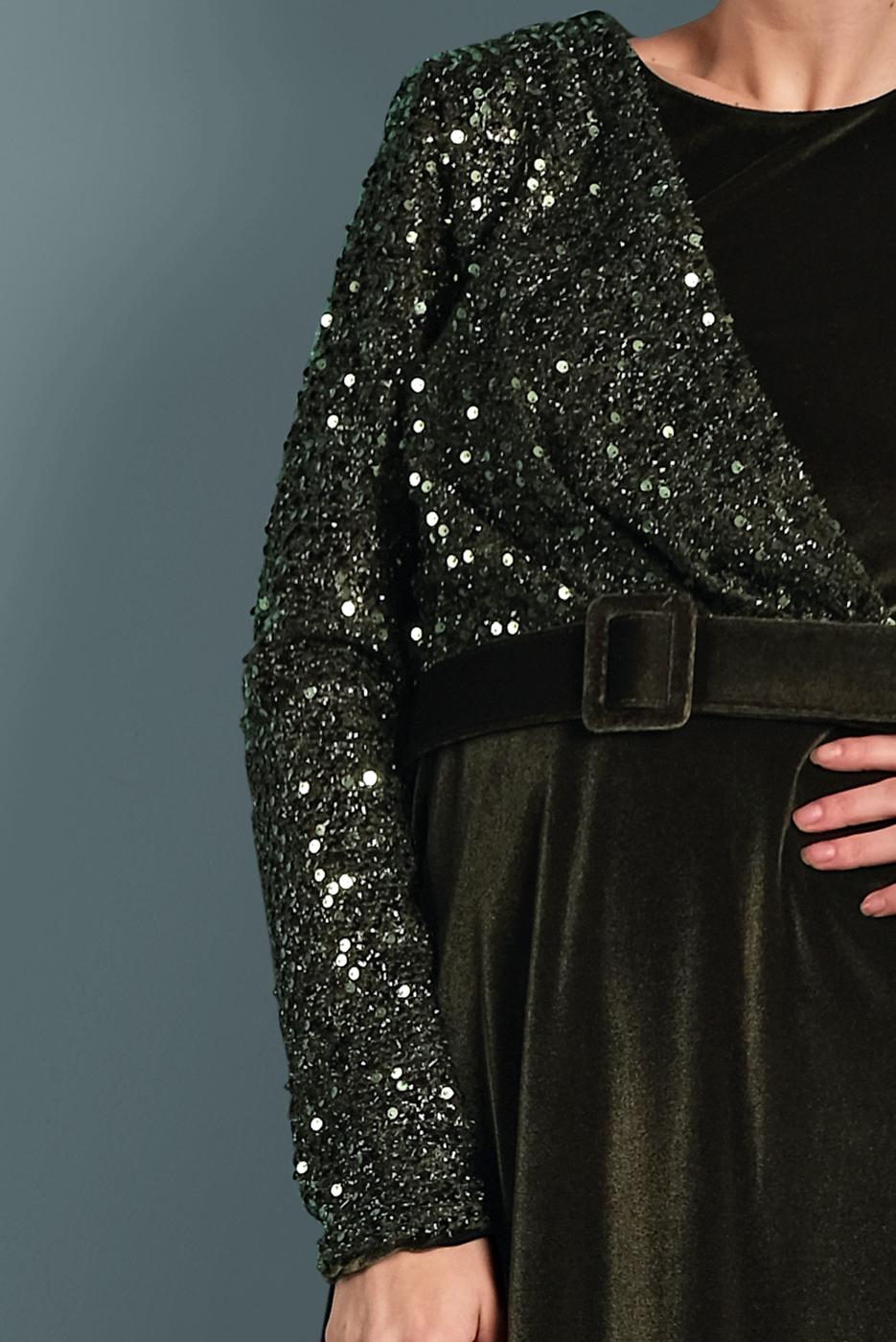 Tesettür giyim HAKİ ALVİNA PULLU KADİFE ELBİSE 40299 