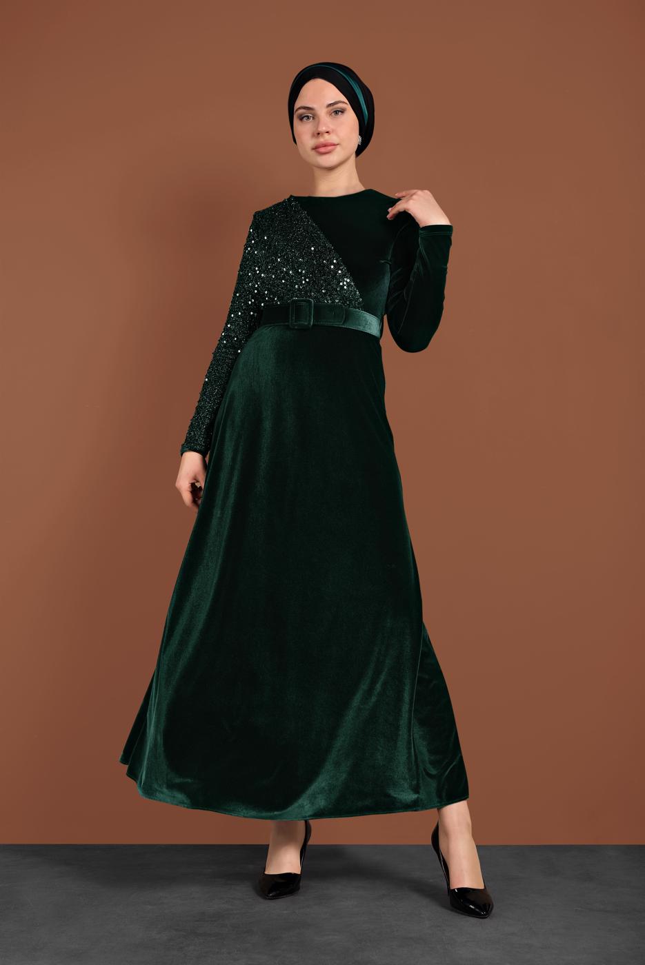 Tesettür giyim YEŞİL ALVİNA PULLU KADİFE ELBİSE 40299 