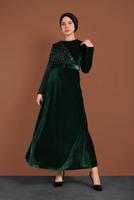 Tesettür giyim YEŞİL ALVİNA PULLU KADİFE ELBİSE 40299 