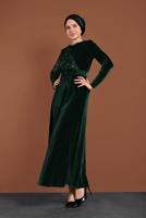 Tesettür giyim YEŞİL ALVİNA PULLU KADİFE ELBİSE 40299 
