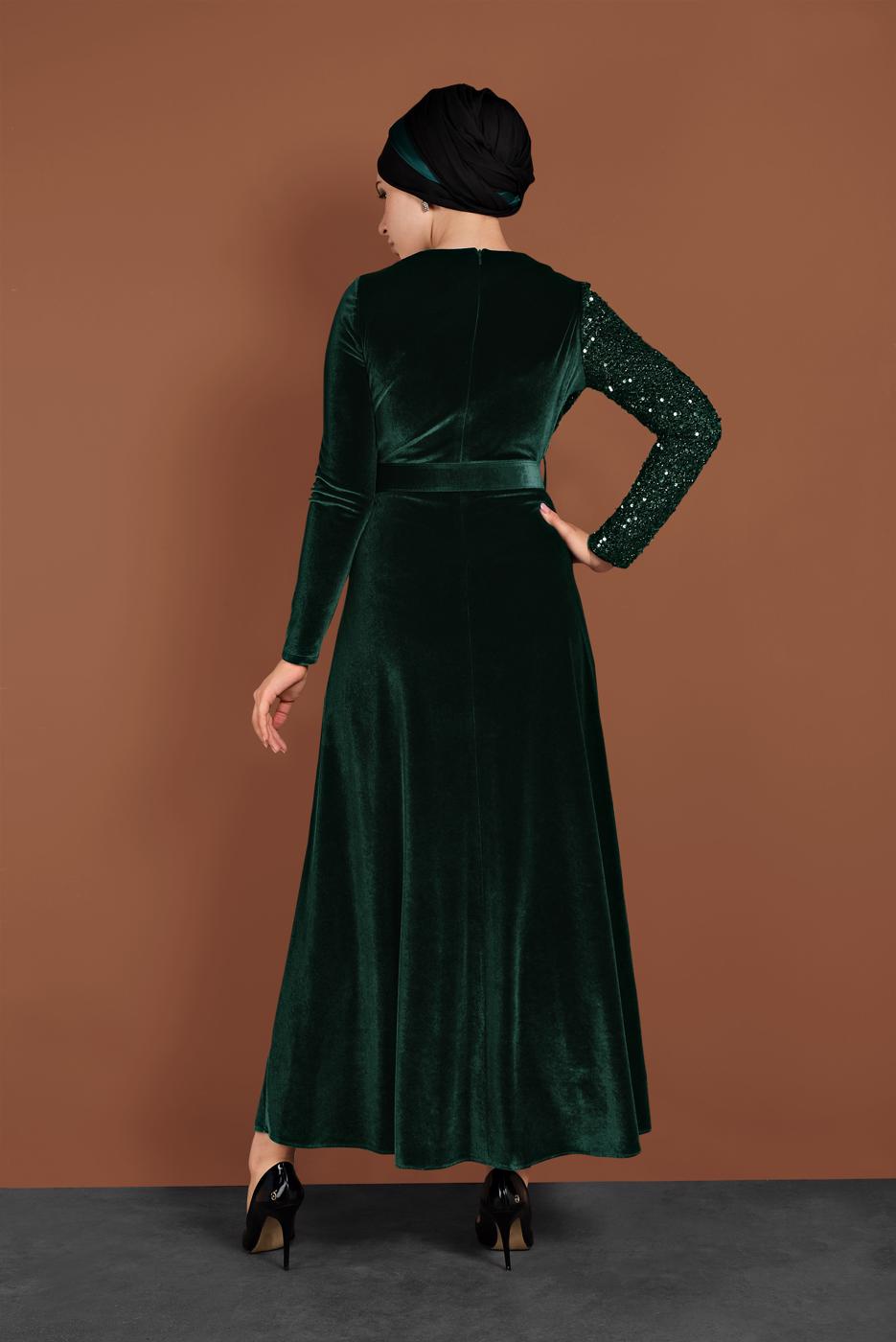 Tesettür giyim YEŞİL ALVİNA PULLU KADİFE ELBİSE 40299 