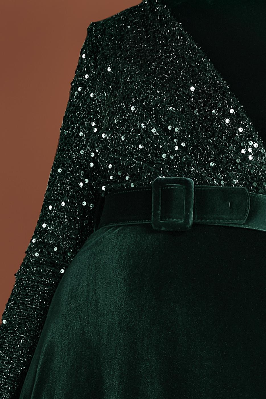 Tesettür giyim YEŞİL ALVİNA PULLU KADİFE ELBİSE 40299 