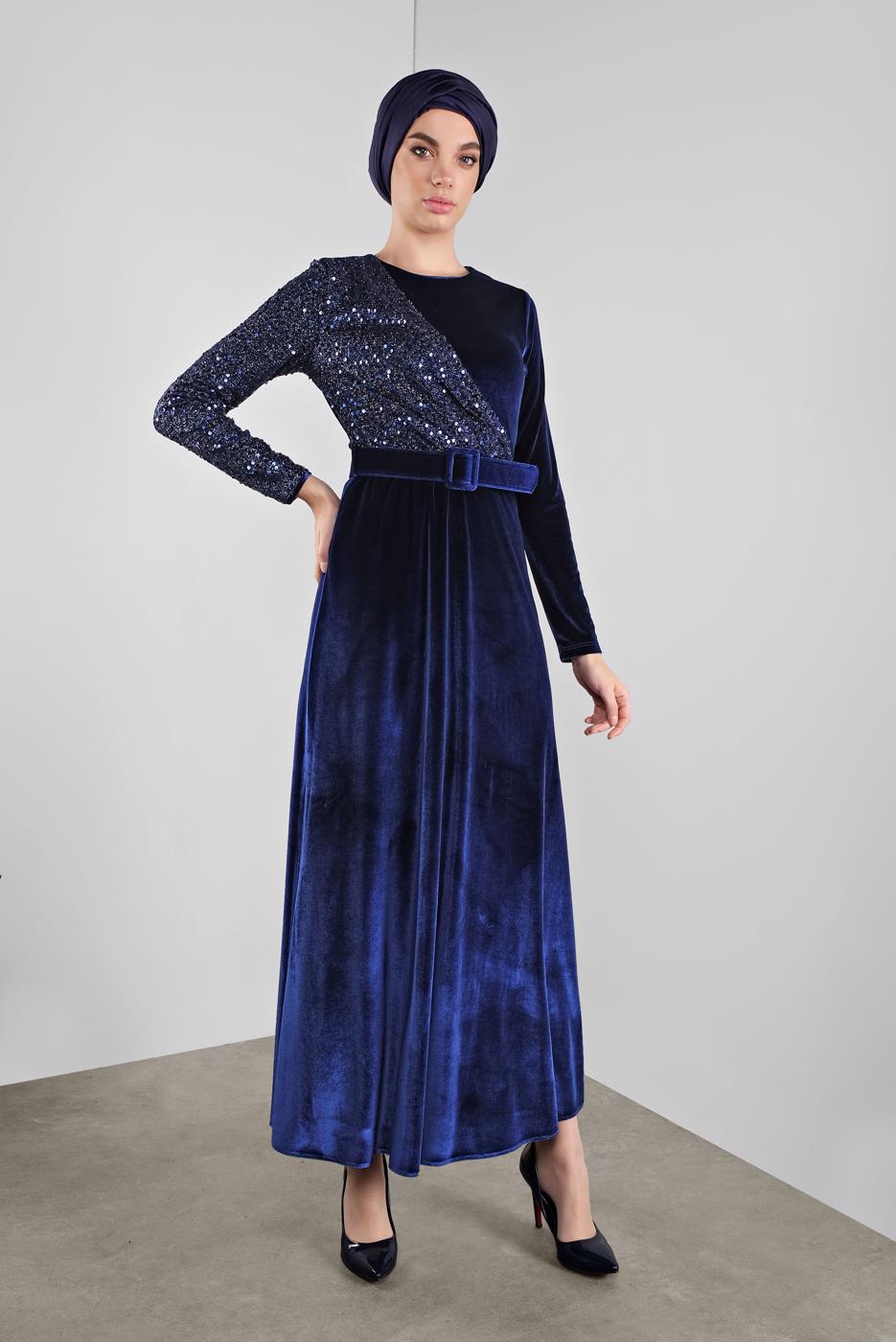 Tesettür giyim LACİVERT ALVİNA PULLU KADİFE ELBİSE 40299 