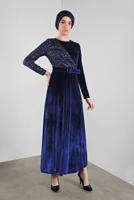 Tesettür giyim LACİVERT ALVİNA PULLU KADİFE ELBİSE 40299 