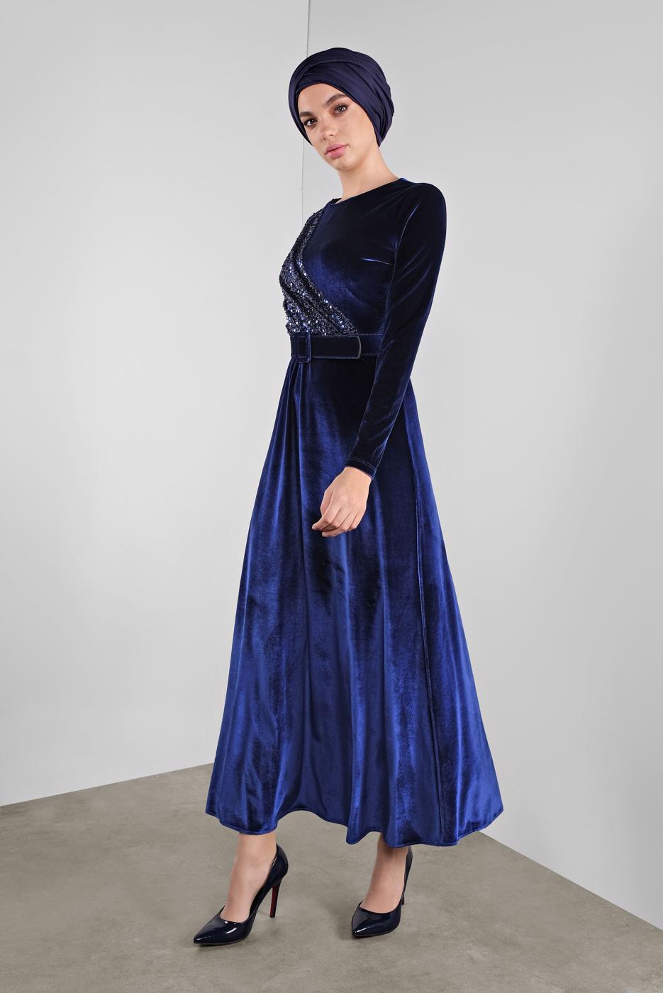 Tesettür giyim LACİVERT ALVİNA PULLU KADİFE ELBİSE 40299 