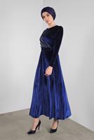 Tesettür giyim LACİVERT ALVİNA PULLU KADİFE ELBİSE 40299 