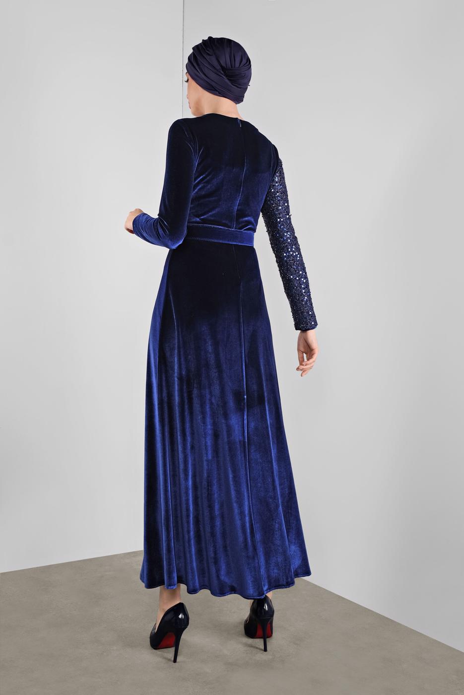 Tesettür giyim LACİVERT ALVİNA PULLU KADİFE ELBİSE 40299 