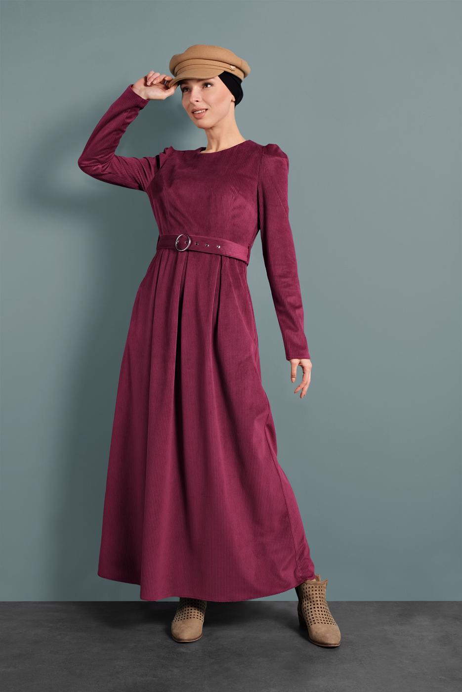 Tesettür giyim BORDO ALVİNA KEMERLİ KADİFE ELBİSE 40350 