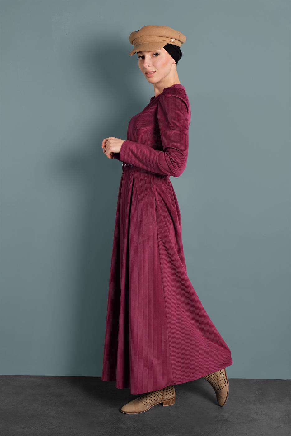 Tesettür giyim BORDO ALVİNA KEMERLİ KADİFE ELBİSE 40350 