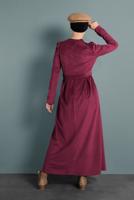 Tesettür giyim BORDO ALVİNA KEMERLİ KADİFE ELBİSE 40350 
