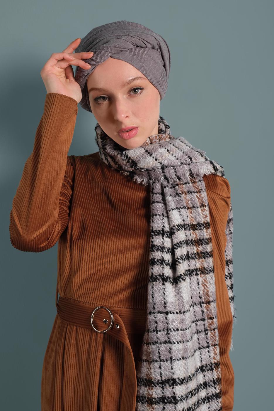 Tesettür giyim TABA ALVİNA KEMERLİ KADİFE ELBİSE 40350 