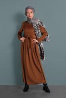 Tesettür giyim TABA ALVİNA KEMERLİ KADİFE ELBİSE 40350 