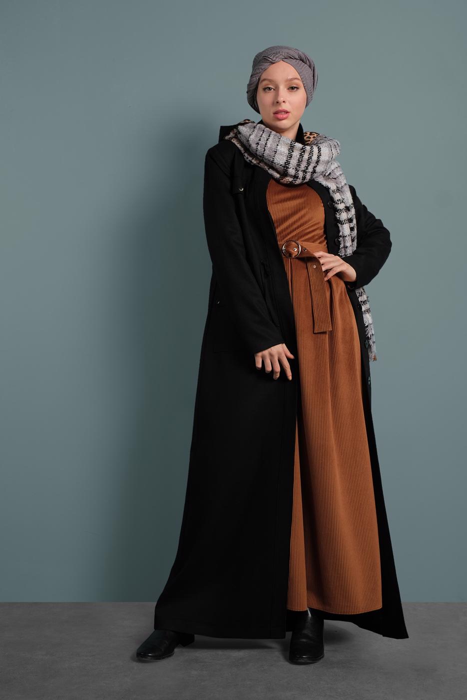 Tesettür giyim TABA ALVİNA KEMERLİ KADİFE ELBİSE 40350 